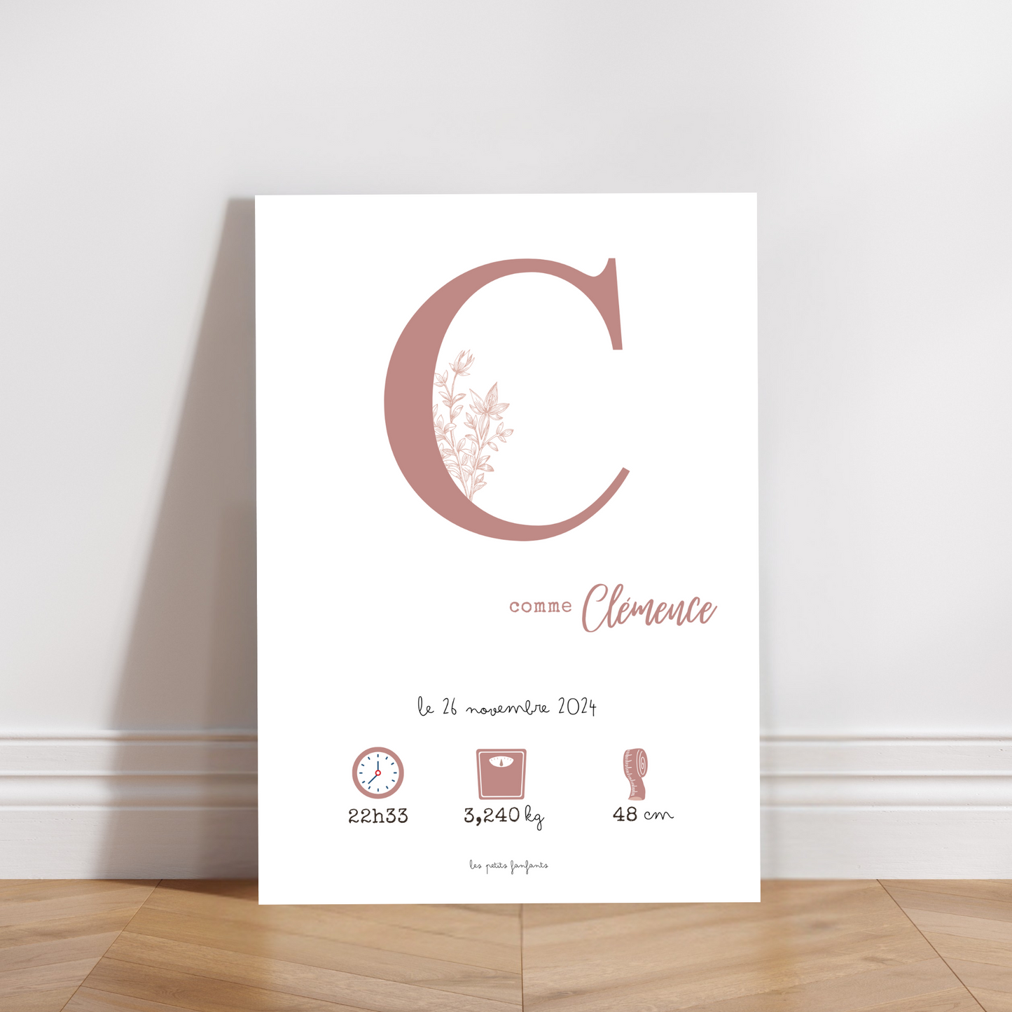 Affiche naissance personnalisée - Vieux rose sur fond blanc