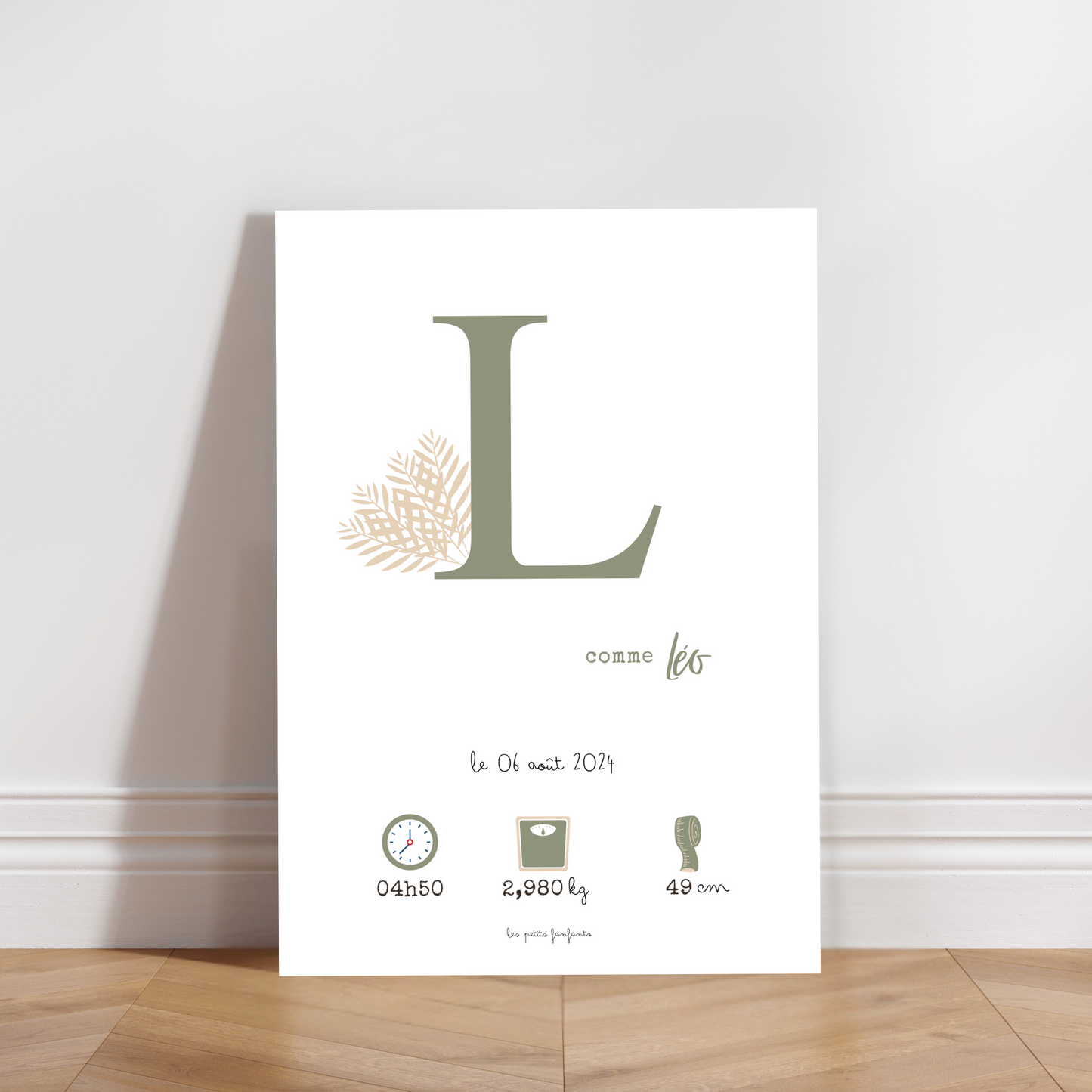 Affiche naissance personnalisée - Vert kaki sur fond blanc