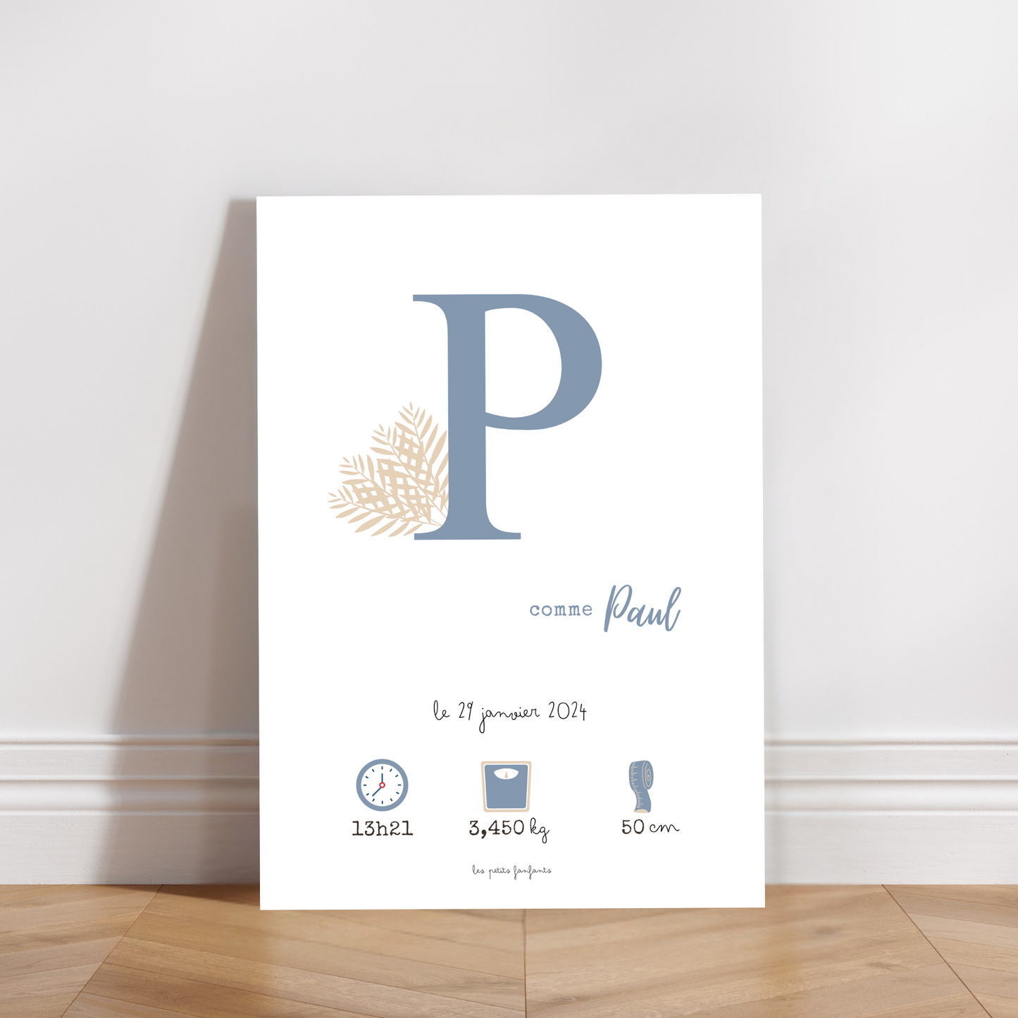 Affiche naissance personnalisée - Bleu gris sur fond blanc