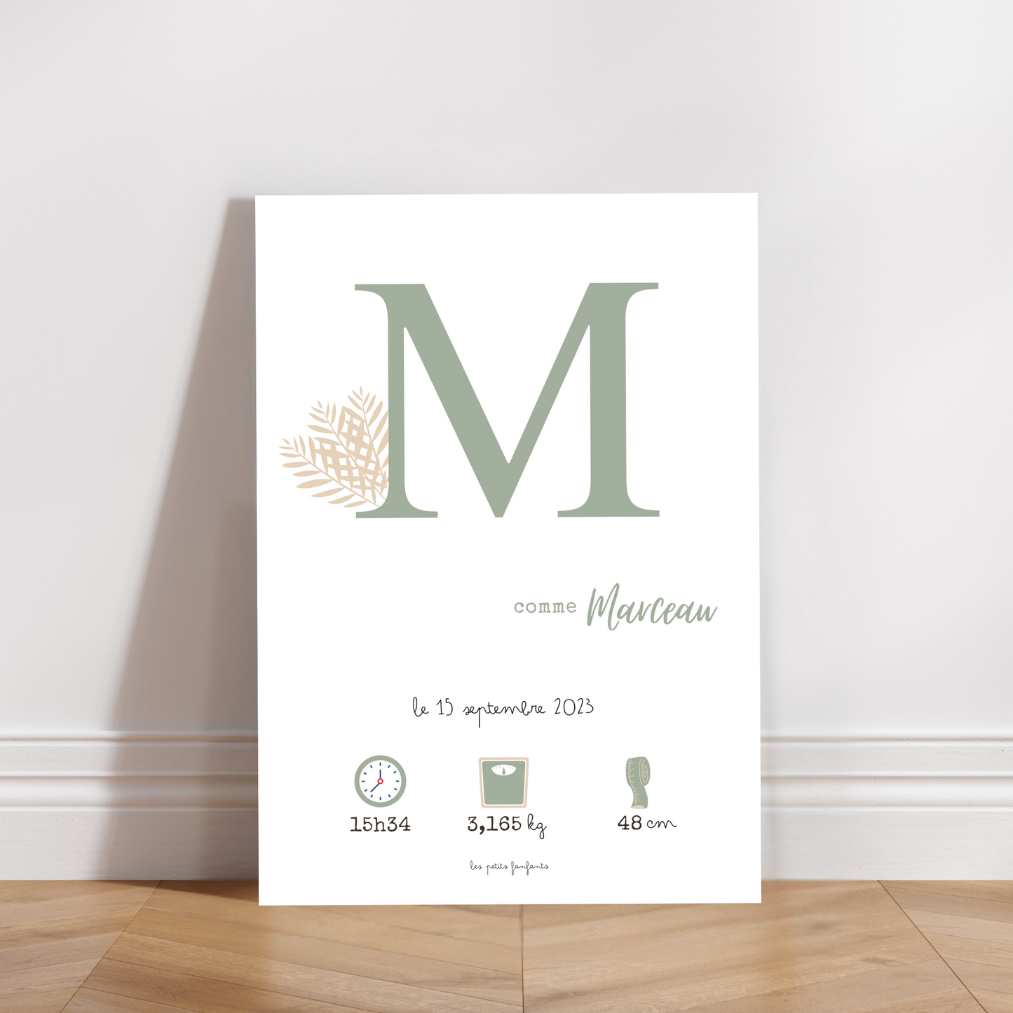 Affiche naissance personnalisée - Vert sauge sur fond blanc
