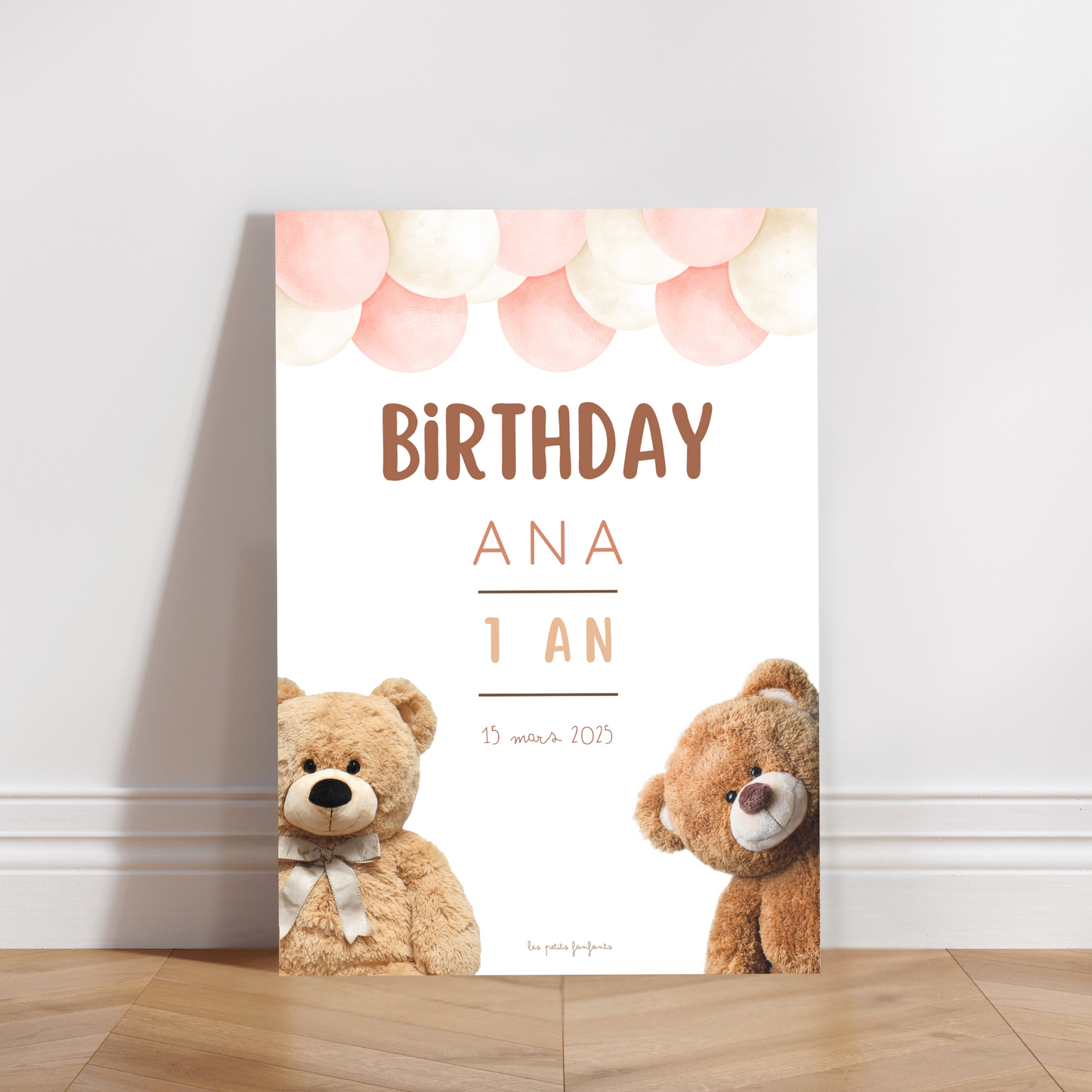 Thème Ourson version rose - Affiche bienvenue anniversaire