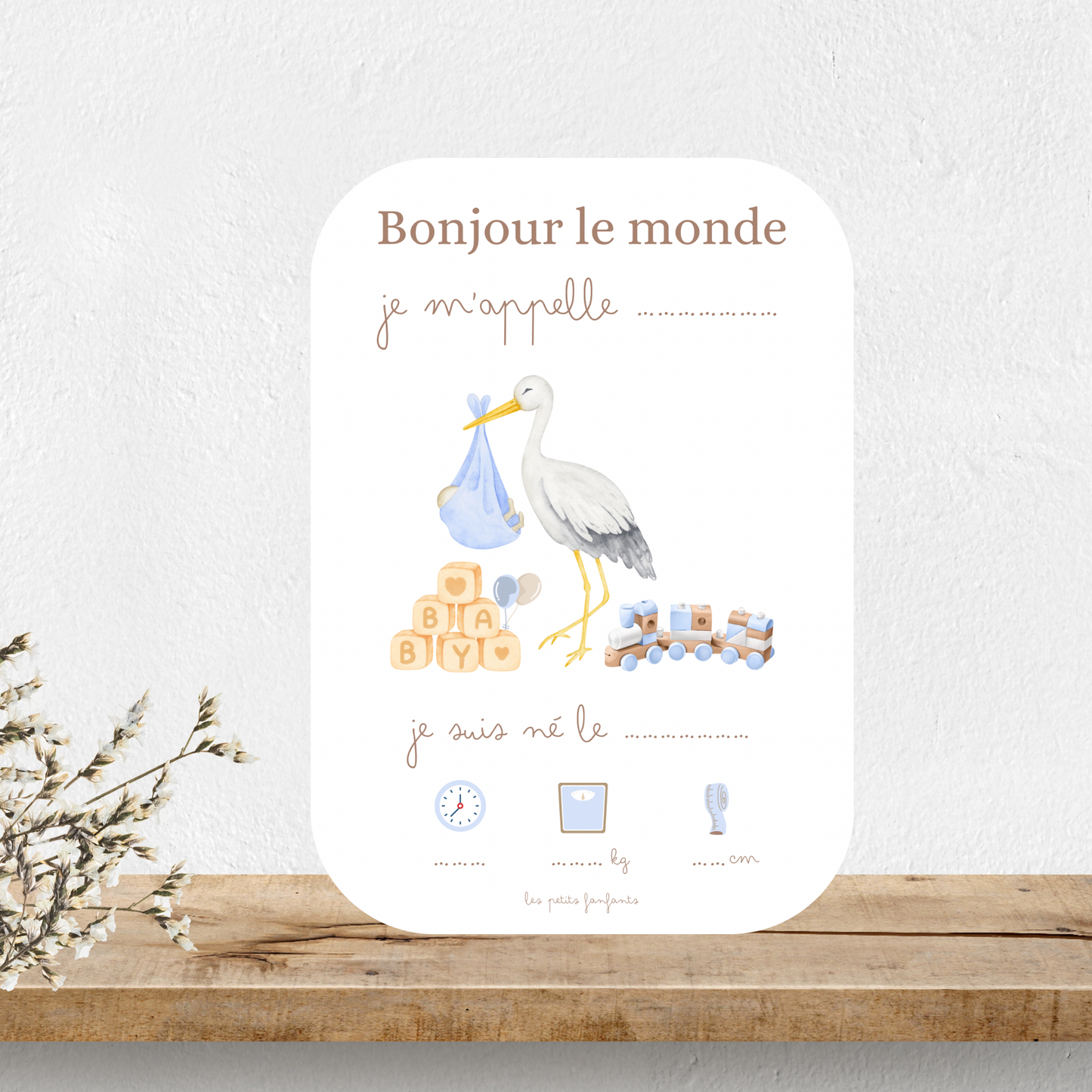 Carte bienvenue bébé - Modèle cigogne bleue