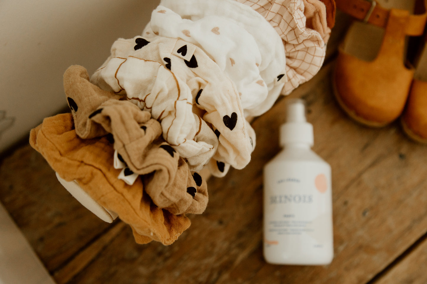 Chouchou cheveux - Gaze de coton cœurs beige