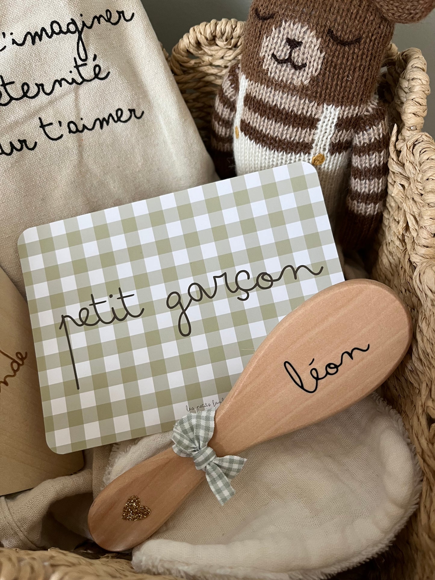 Brosse à cheveux bébé personnalisée - motif vichy marron