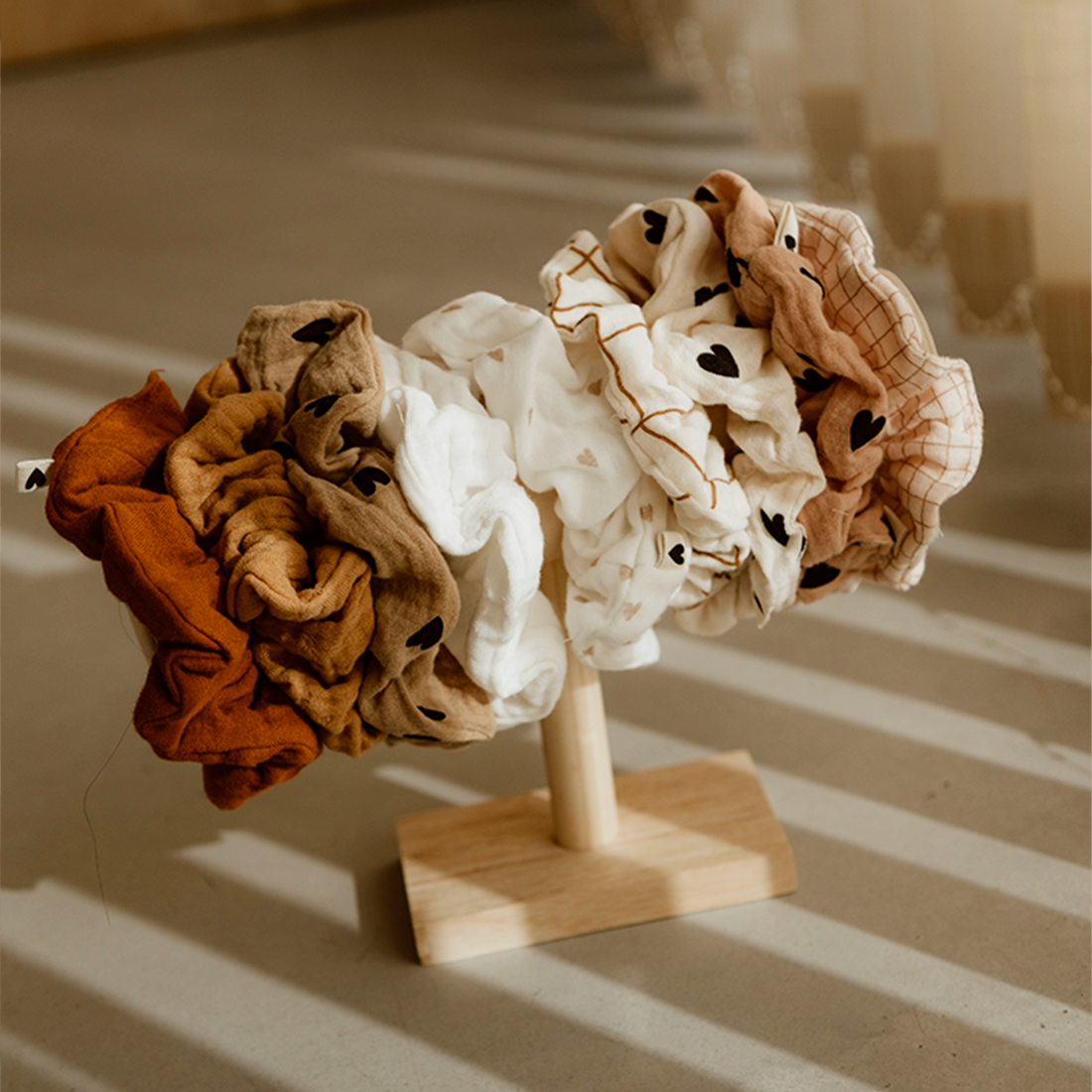 Chouchou cheveux - Gaze de coton cœurs beige