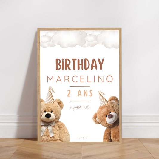 Thème Ourson version blanc - Affiche bienvenue anniversaire