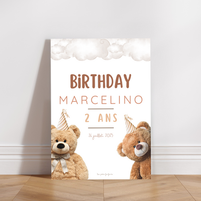Thème Ourson version blanc - Affiche bienvenue anniversaire