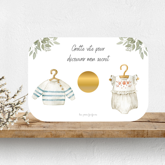 Carte à gratter - Annonce sexe bébé - Gender reveal - Modèle bleu/blanc