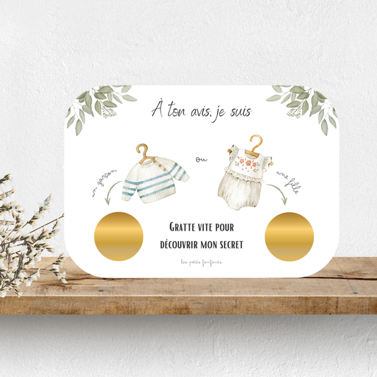 Carte à gratter - Annonce sexe bébé - Gender reveal - Modèle bleu/blanc