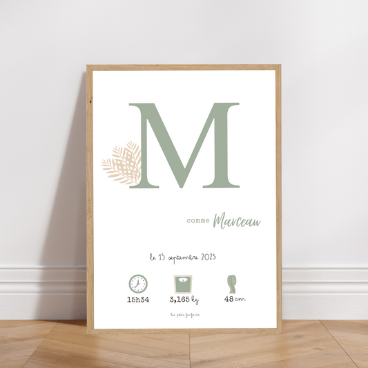 Affiche naissance personnalisée - Vert sauge sur fond blanc