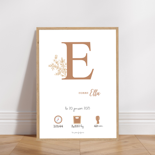 Affiche naissance personnalisée - Caramel sur fond blanc