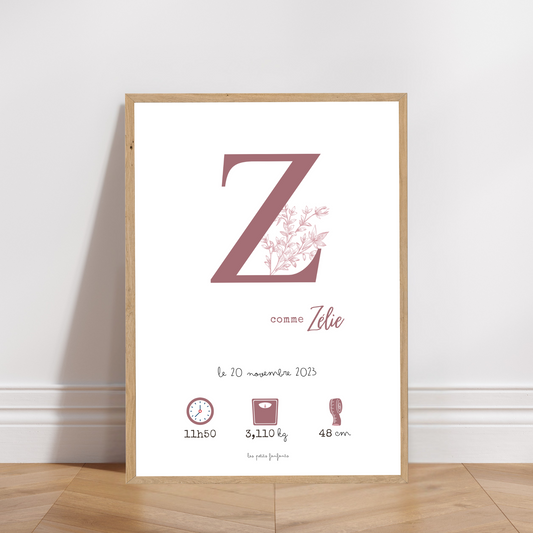 Affiche naissance personnalisée - Prune sur fond blanc