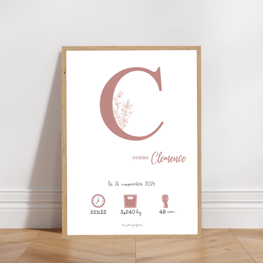 Affiche naissance personnalisée - Vieux rose sur fond blanc