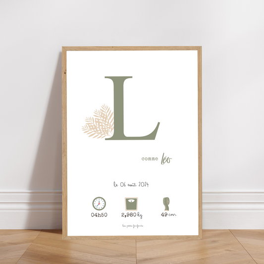 Affiche naissance personnalisée - Vert kaki sur fond blanc