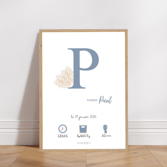 Affiche naissance personnalisée - Bleu gris sur fond blanc