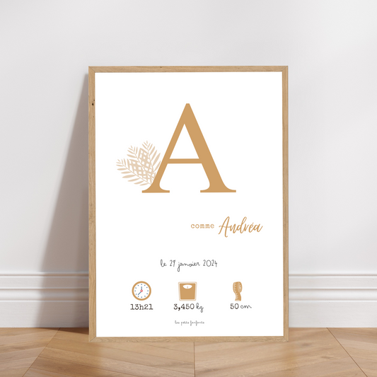 Affiche naissance personnalisée - Ocre miel sur fond blanc