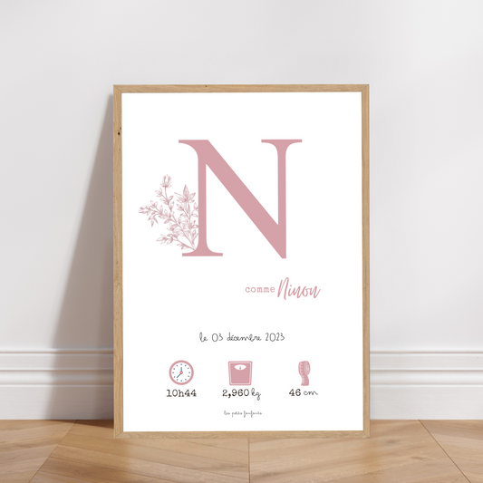 Affiche naissance personnalisée - Rose sur fond blanc