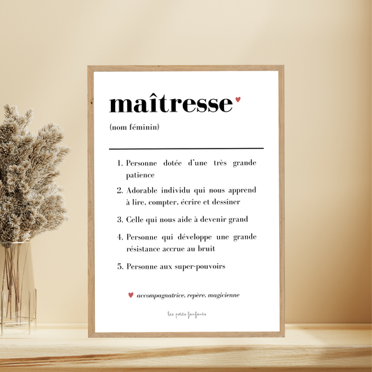 Affiche décorative - Définition Maîtresse - cadeau fin d'année scolaire