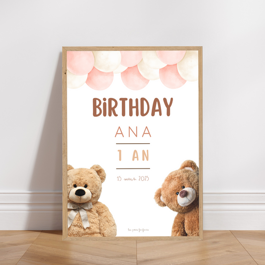 Thème Ourson version rose - Affiche bienvenue anniversaire