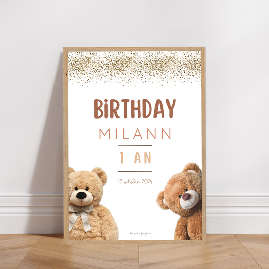 Thème Ourson version beige - Affiche bienvenue anniversaire