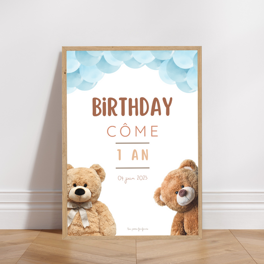 Thème Ourson version bleu - Affiche bienvenue anniversaire