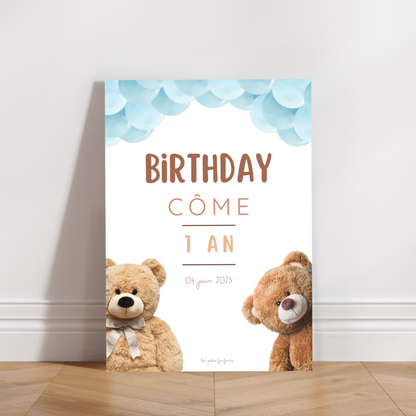 Thème Ourson version bleu - Affiche bienvenue anniversaire