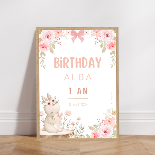 Thème Lapin Floral - Affiche bienvenue anniversaire