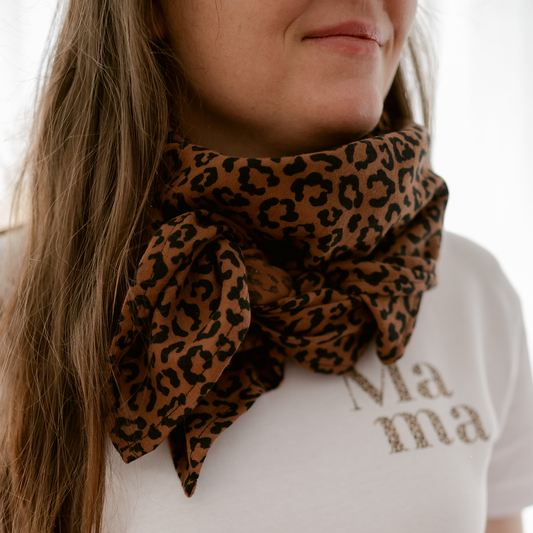 GRAND Foulard LÉOPARD Marron en gaze de coton